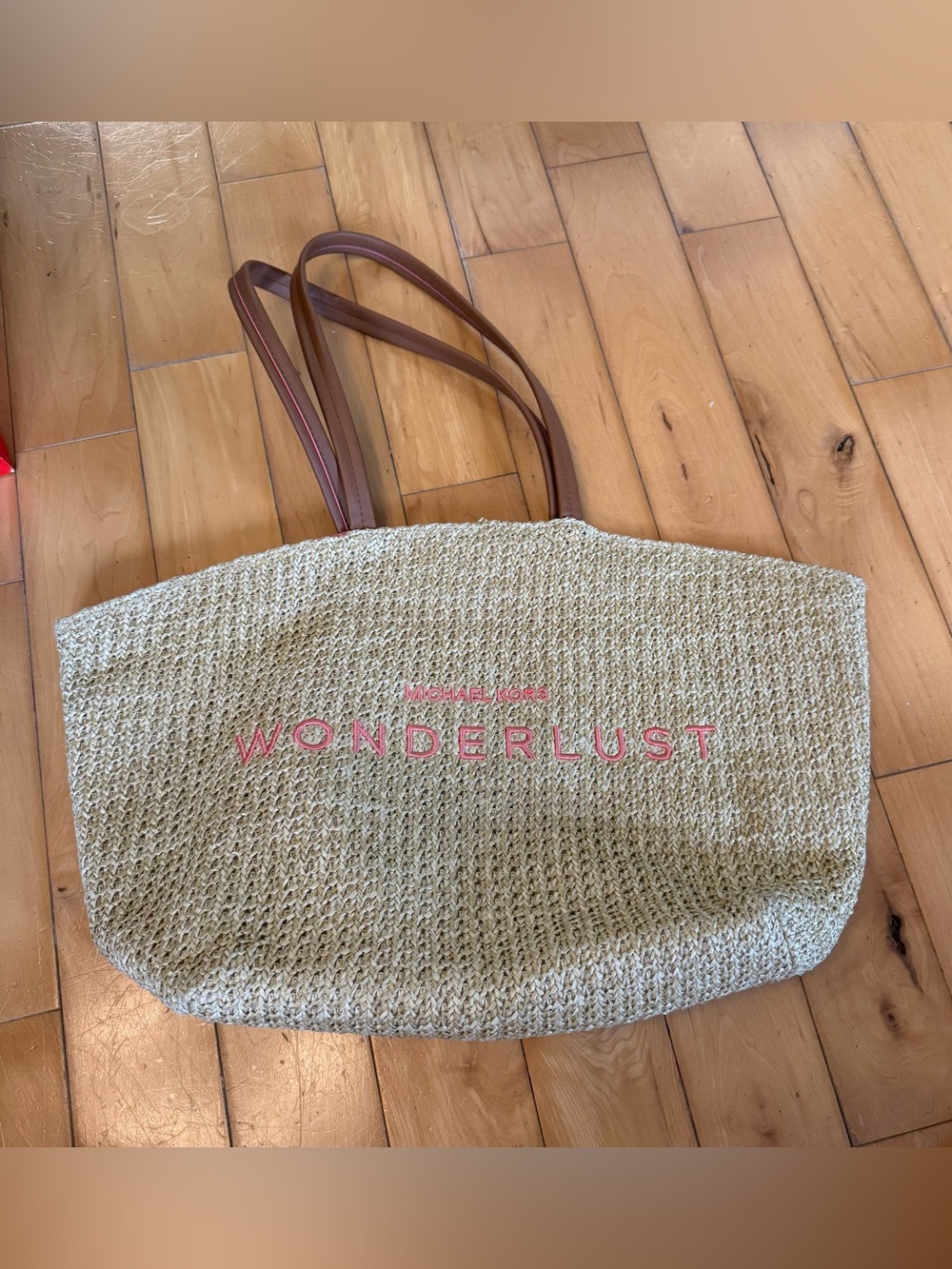 Michael Kors Beige Woven Wonderlust Tote with Brown Straps and Pink Logo